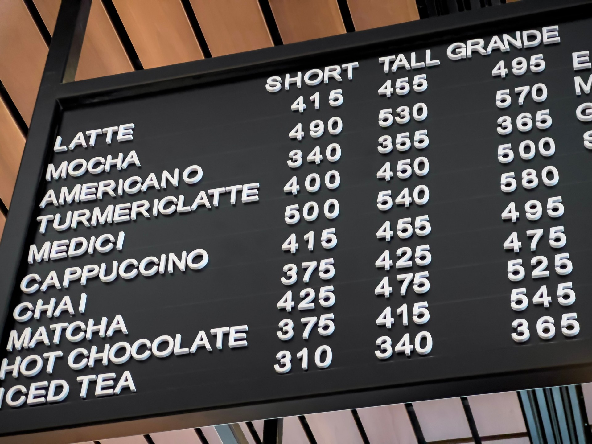 Low angle view of the black menu board inside a local coffee shop